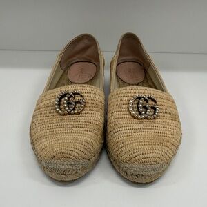 Gucci Natural Raffia Espadrille Flats with Pearl-Embellished GG